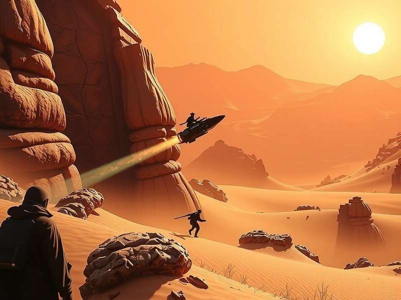 Dune Game gameplay on Xbox Series X showcasing vast desert landscapes and a ornithopter in flight