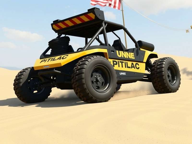 A sleek, rugged dune buggy racing across golden sand dunes under a bright sun