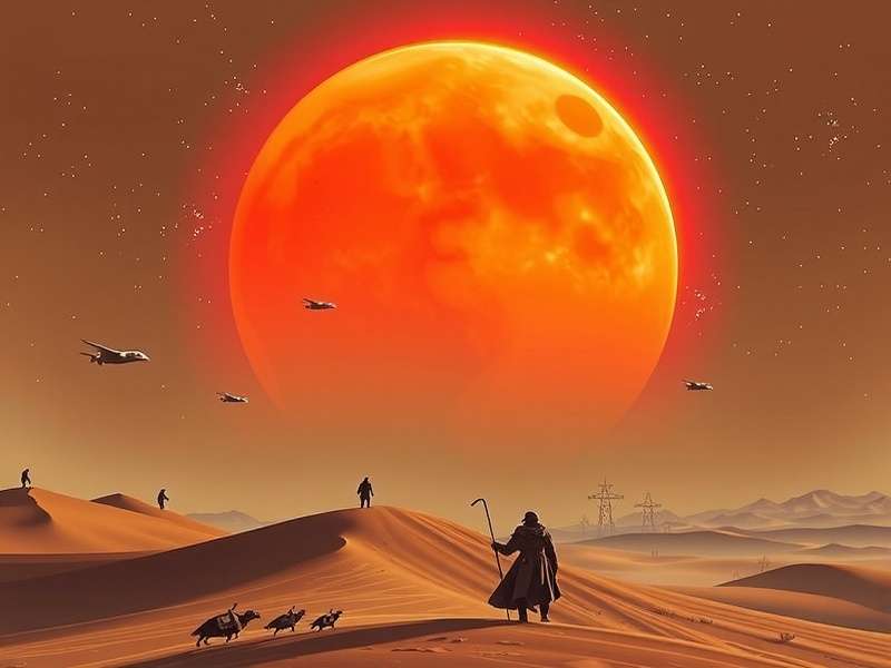 A sweeping desert landscape under two moons, evoking the planet Arrakis from Dune