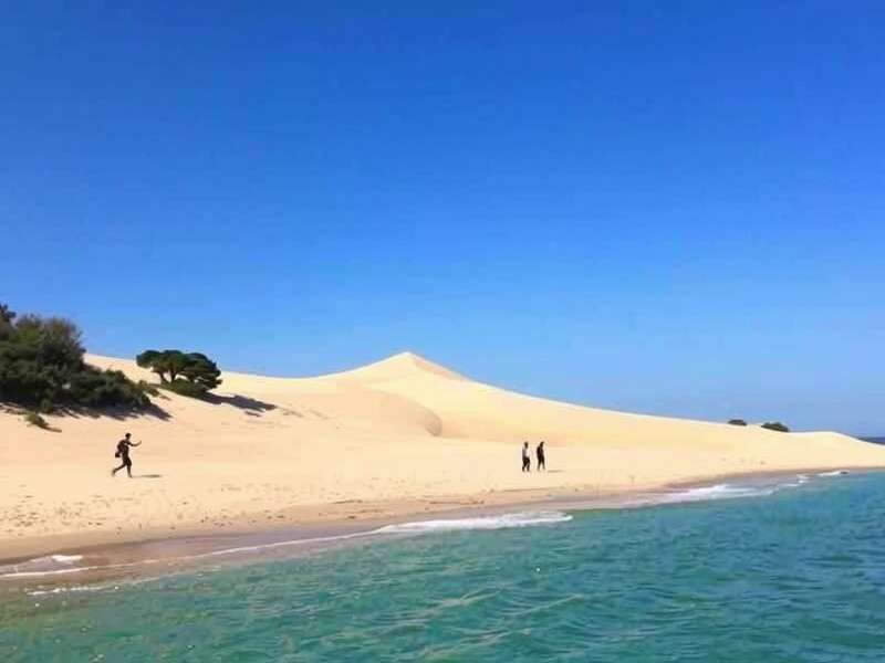 Aerial view of the Grande Dune du Pilat, France, showing massive sand dune meeting forest and ocean