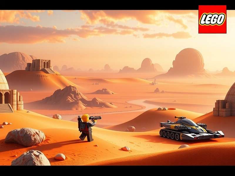 LEGO Sandworm emerging from dunes with minifigures for scale