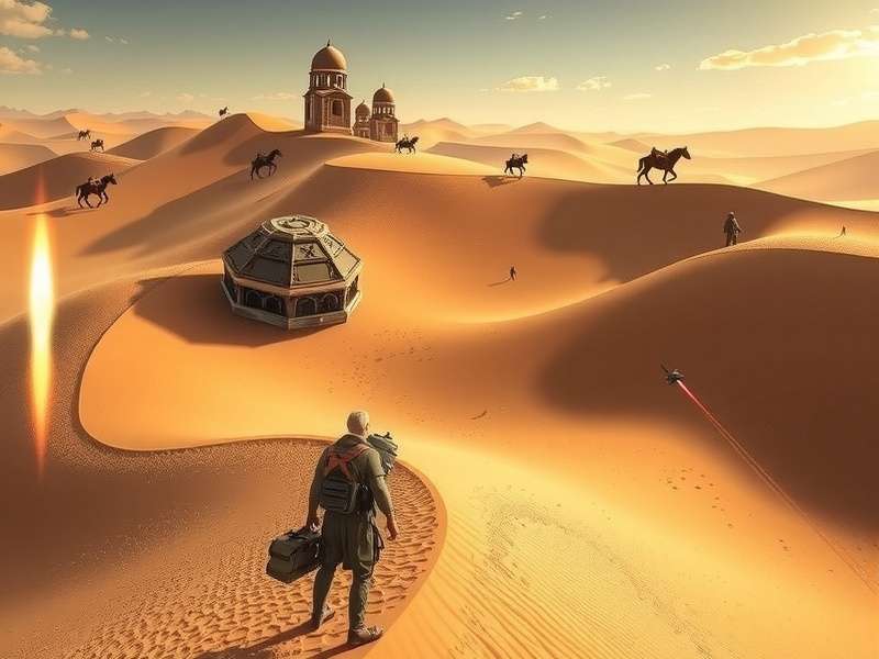 Vast desert landscape with dunes under a dramatic sky, evoking the world of Arrakis