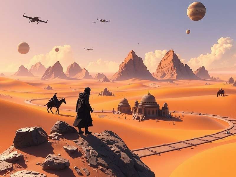 A stylized stack of all six Dune novels by Frank Herbert, with the iconic desert landscape in the background