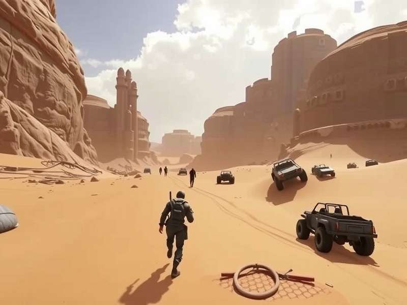 Dune Gameplay Trailer screenshot showing vast desert landscape of Arrakis with a sandworm emerging