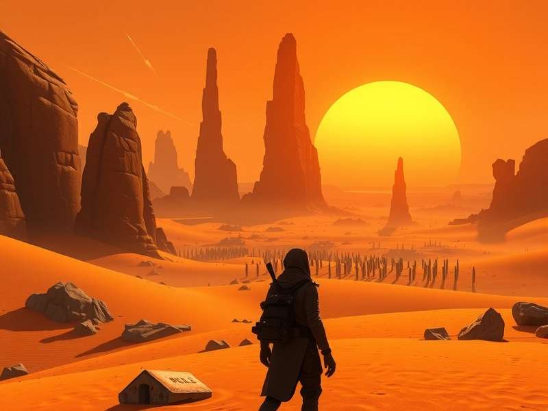 Dune Spice Wars gameplay screenshot showing the desert map and UI