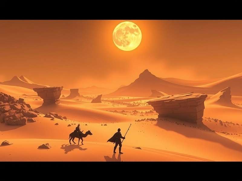 Dune game character surveying the vast desert of Arrakis from a rocky outcrop