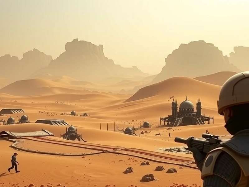 Dune video game protagonist overlooking the vast desert with a sandworm in the distance