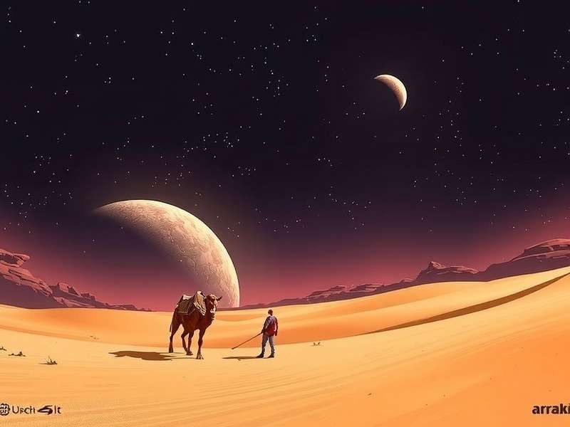 Vast desert landscape of Arrakis with giant sandworms and spice harvesters