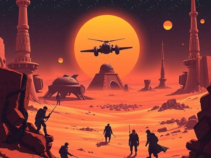 Dune Awakening gameplay screenshot on PlayStation 5 showing vast desert and ornithopters