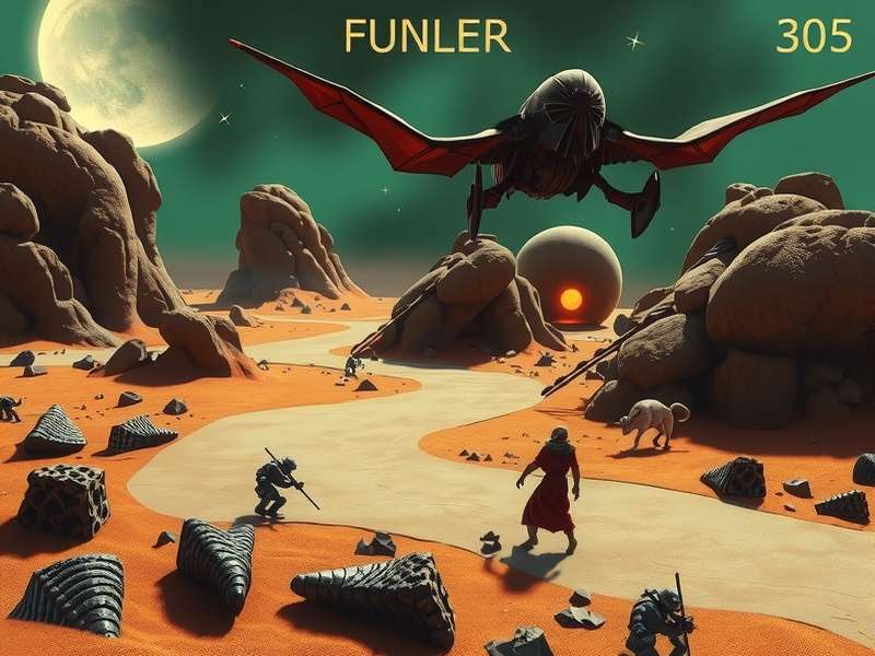 Concept art of a player-built outpost in the rocky terrain of Arrakis in Dune: Awakening