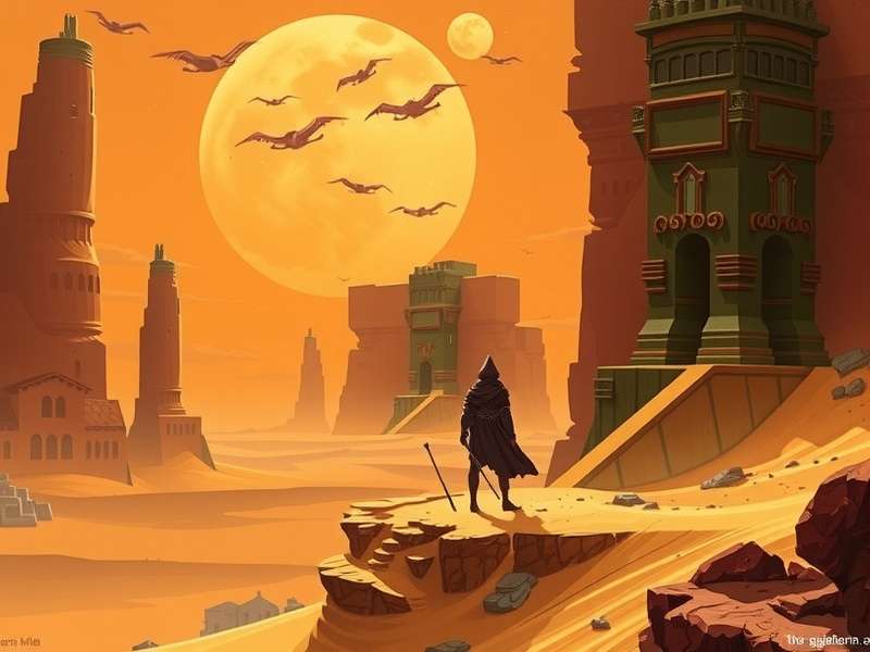 Panoramic view of the Arrakis desert with a sandworm emerging in the distance