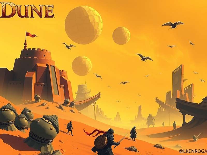 Concept art of vast desert landscapes of Arrakis from Dune Awakening