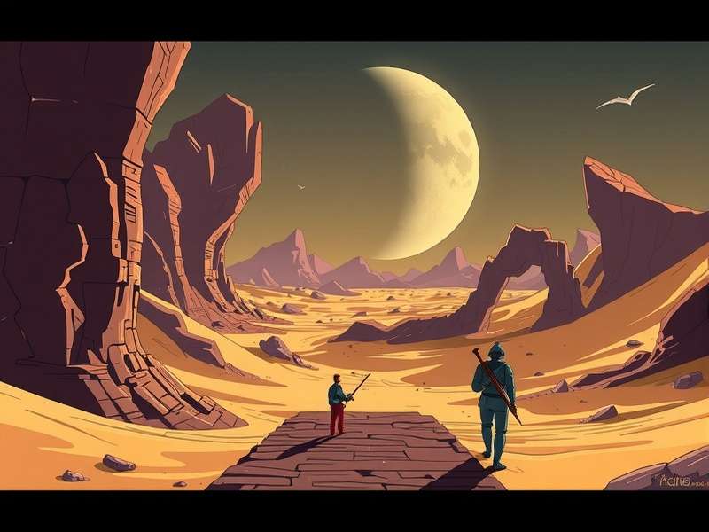 A vast desert landscape with rolling sand dunes under a twin moon sky, evoking the planet Arrakis from Dune.