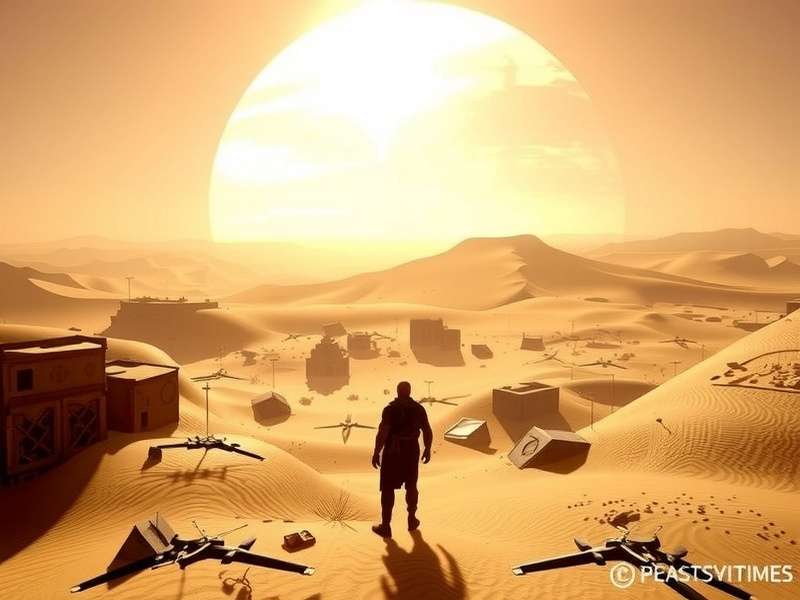 Dune Gameplay on PlayStation 5 showing character exploring Arrakis desert with Sandworm in background