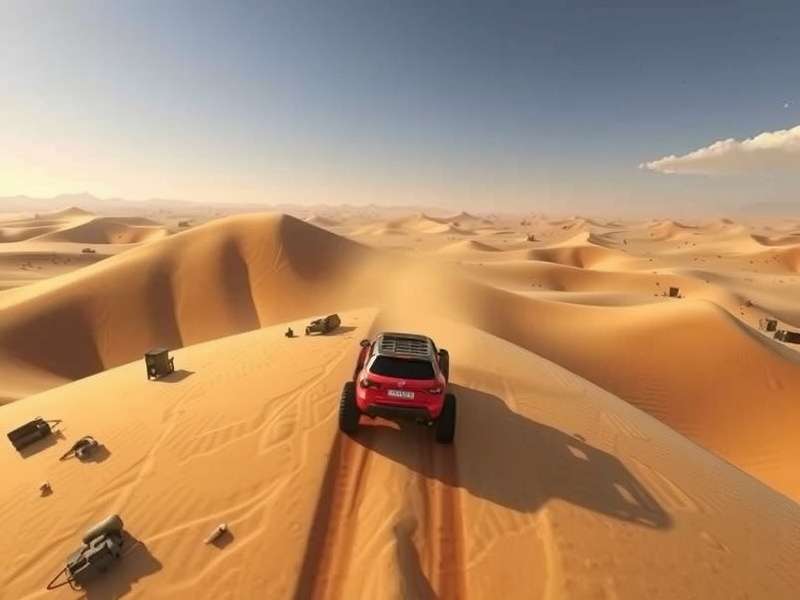 Vehicle performing dune bashing on sand dunes during sunset