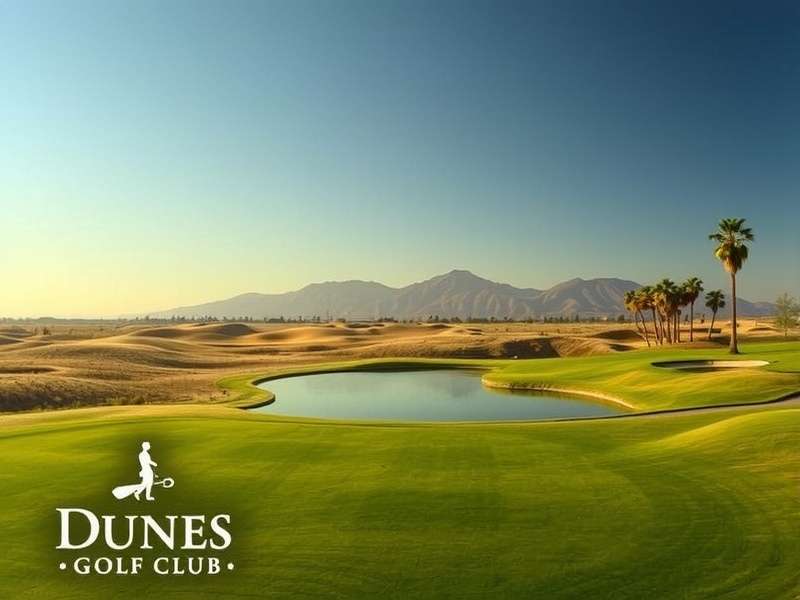Dramatic view of a golf green set against massive sand dunes at sunset