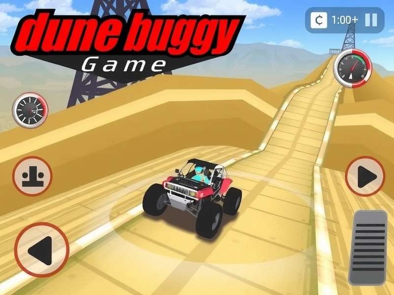 Dune Buggy racing across sand dunes at sunset