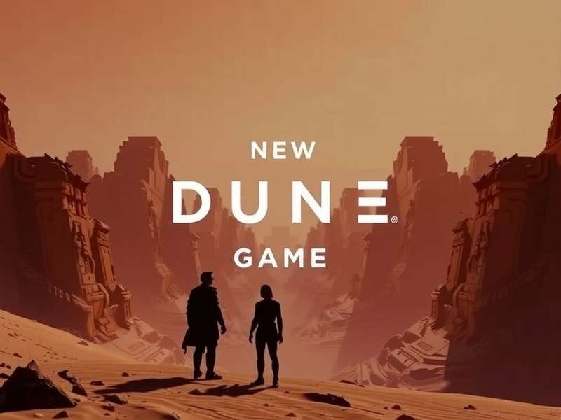 Official teaser art for Dune: Awakening showing a vast desert landscape with a sandworm emerging