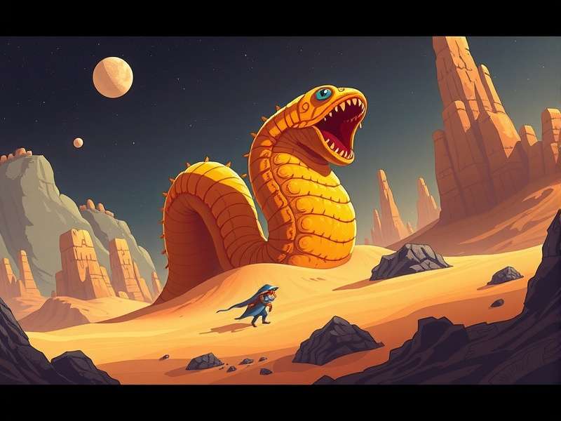 A massive Sandworm emerging from the dunes of Arrakis, its mouth a cavern of teeth