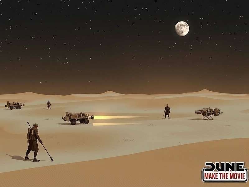 A vast desert landscape with towering dunes under a dramatic sky, evoking the planet Arrakis from Dune