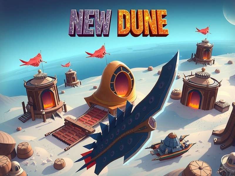 Concept art of a futuristic desert landscape with sandworms and ornithopters