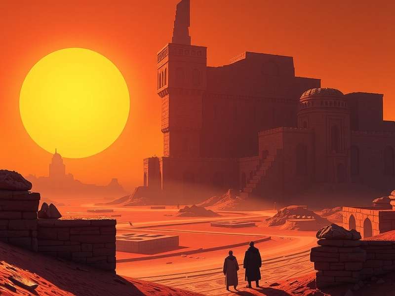 Concept art for Dune Part Three featuring Paul Atreides on a sandworm under a twin-moon sky