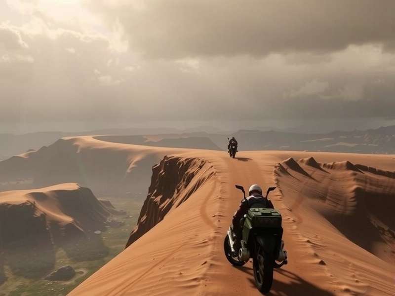 Dune Game PC 2025 screenshot showing a vast desert landscape with a spice harvester and ornithopters