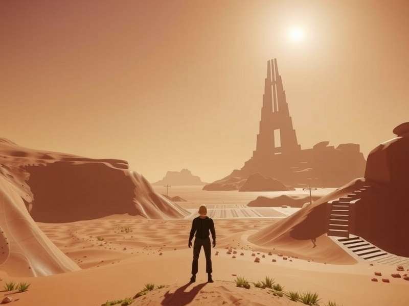 Official screenshot from Dune: Awakening showing a character on a sand dune at sunset