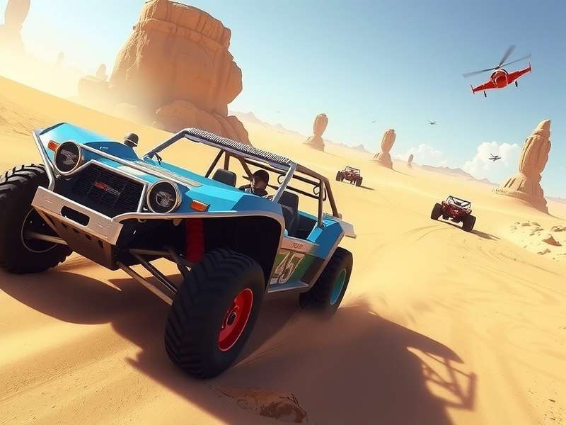 Dune Buggy racing across golden sand dunes under a bright sun