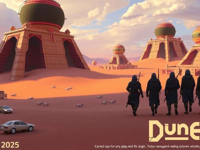 Dune Gameplay 2025 screenshot showing a vast Arrakis desert landscape with a spice harvester and ornithopters in the distance.