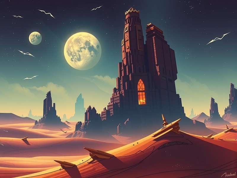 Epic desert landscape of Arrakis with sand dunes under a golden sun — Dune Game OST atmosphere