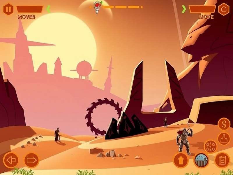 Dune Gameplay — a Fremen warrior faces a massive sandworm on the dunes of Arrakis under a twin-sunset sky.