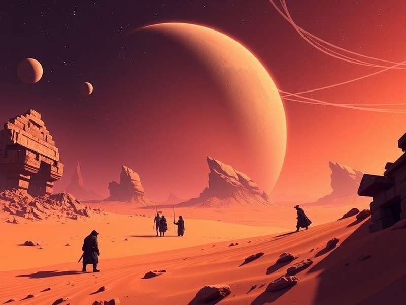 Dune Game landscape featuring the vast desert of Arrakis under a twin sunset
