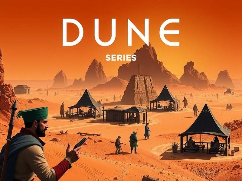 Dune Series — Arrakis landscape with a giant sandworm and the spice harvesters under a twin sun sky.