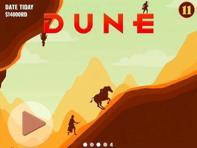 Dune Game Free Trial screenshot showing a vast desert landscape with spice harvesters and ornithopters in the distance.
