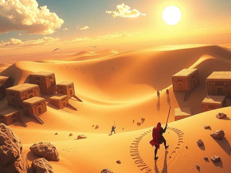 Vast desert landscape of Arrakis with a sandworm in the distance, Dune game cinematic view