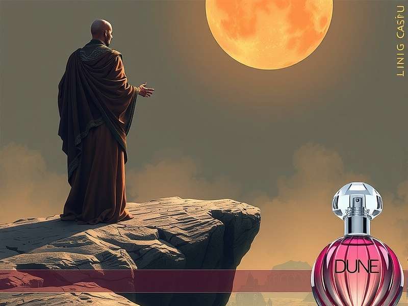 Dune Perfume bottle set against a desert landscape with sand dunes and a golden sun, evoking the atmosphere of Arrakis