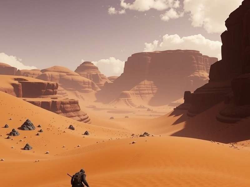 Dune game on PS5 – concept art of Arrakis with sand dunes and a looming sandworm, next to a PlayStation 5 controller