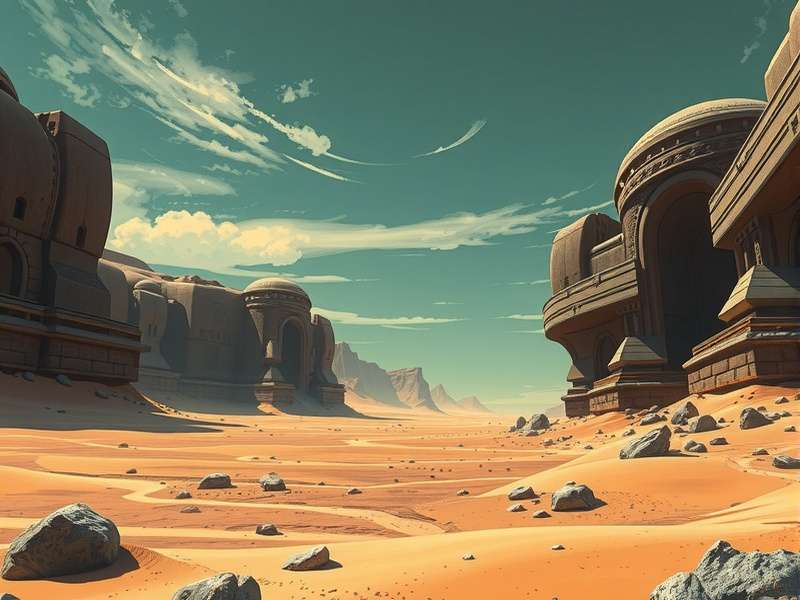 Dune Libro: panoramic view of Arrakis with a massive sandworm emerging from the dunes, golden light casting long shadows across the desert.