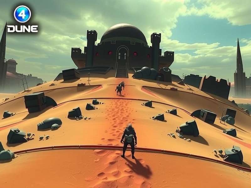 Dune Game running on a high-end PC gaming setup with panoramic Arrakis landscape