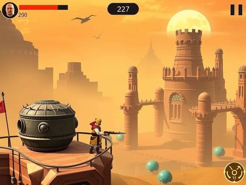 Dune Game Gameplay – sweeping view of Arrakis desert with sand dunes and a distant sandworm