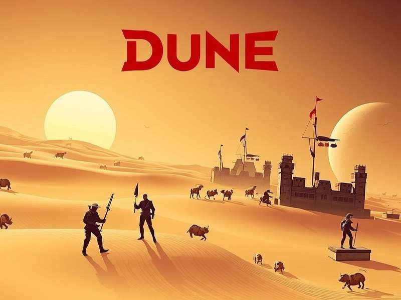 Dune Game Xbox One — expansive desert landscape with spice harvesters and ornithopters under a dramatic sky