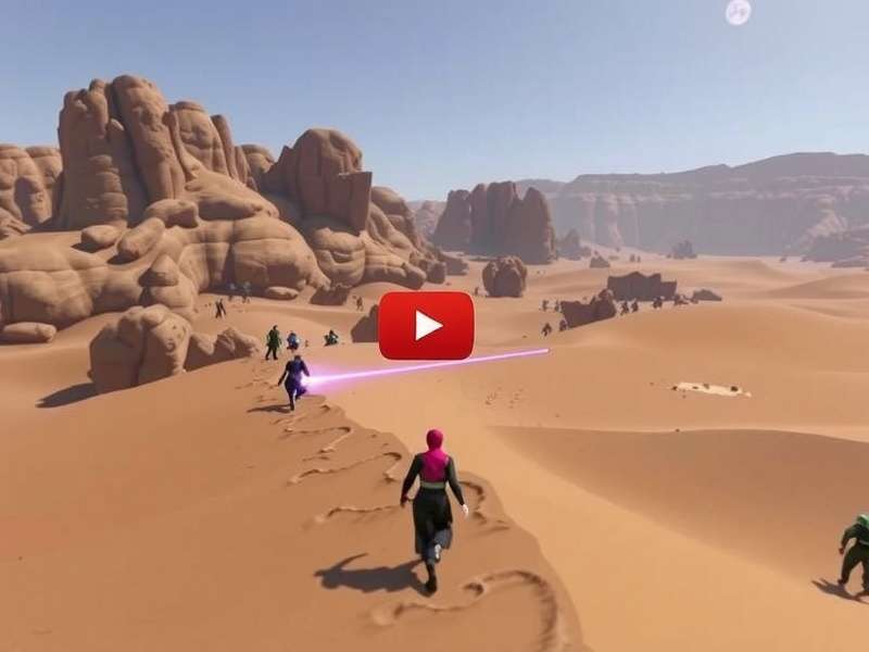 Epic Dune Gameplay Video scene showing a Fremen warrior overlooking the sands of Arrakis with a massive sandworm in the distance