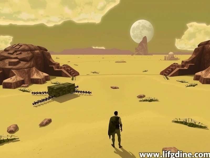 Retro screenshot of Dune PC game showing spice harvesting operations on Arrakis with ornithopters and sandworms.