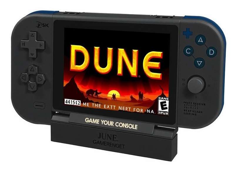 Dune Game Release Console — expansive desert panorama showing a Sandworm in the distance with a Fremen sietch on the cliffside